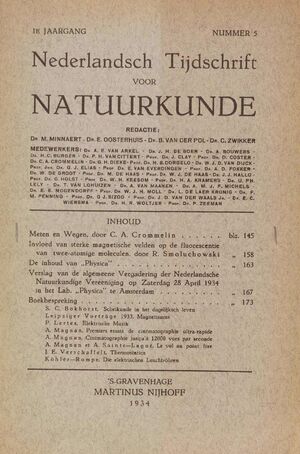 Volume: 1  Meten en Weqen Invloed van sterke magnetische velden op de Fluorescentie van Twee-atomige moleculen De Inhoud van ,.Physica"  Verslaq van de algemeene Vergadering der Nederlandsche Natuurkundige Vereeniging op Zaterdag 28 April 1934 in het Lab " Physica" te Amsterdam Boekbespreking