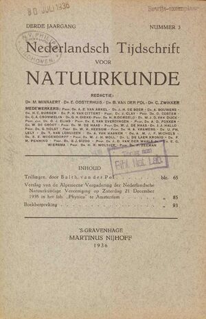 Volume: 3  Trillingen Verslag van de Alqemeene Vergadering der Nederlandsche Natuurkundige Vereeniging op Zaterdag 21 December 1935 in het lab "Physica" te Amsterdam Boekbespreking