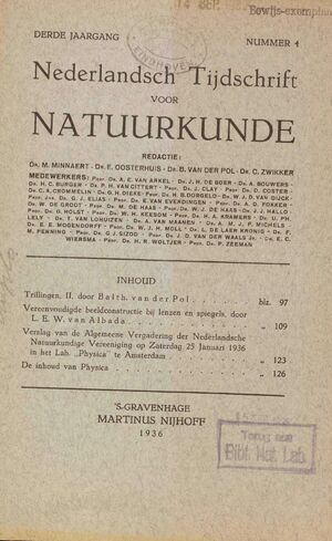 Volume: 3  Trilingen II Vereenvoudigde beeldconstructie bij Lenzen en Spiegels Verslag van de Algemeene Vergadering der Nederlandsche Natuurkundige Vereeniging op Zaterdag 25 Januari 1936 in het lab" Physica" te Amsterdam De inhoud van Physica