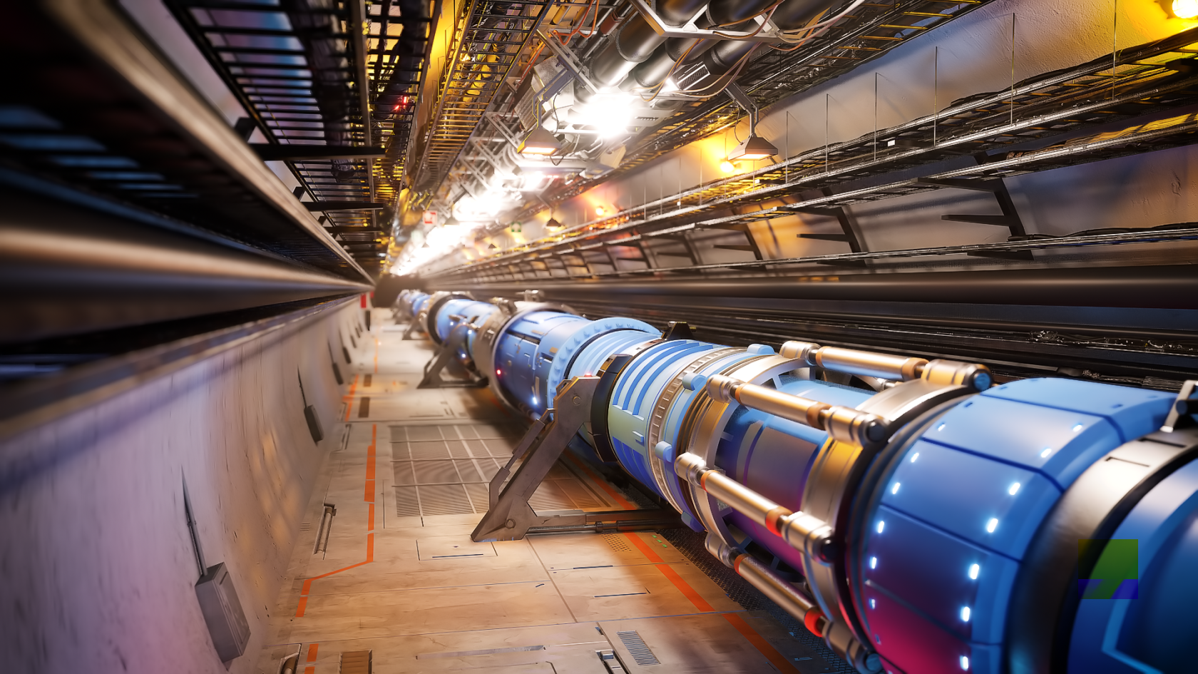 Impressie van een blik in de tunnel van de Future Circular Collider, de beoogde volgende Europese deeltjesversneller.
Illustratie: PIXELRISE